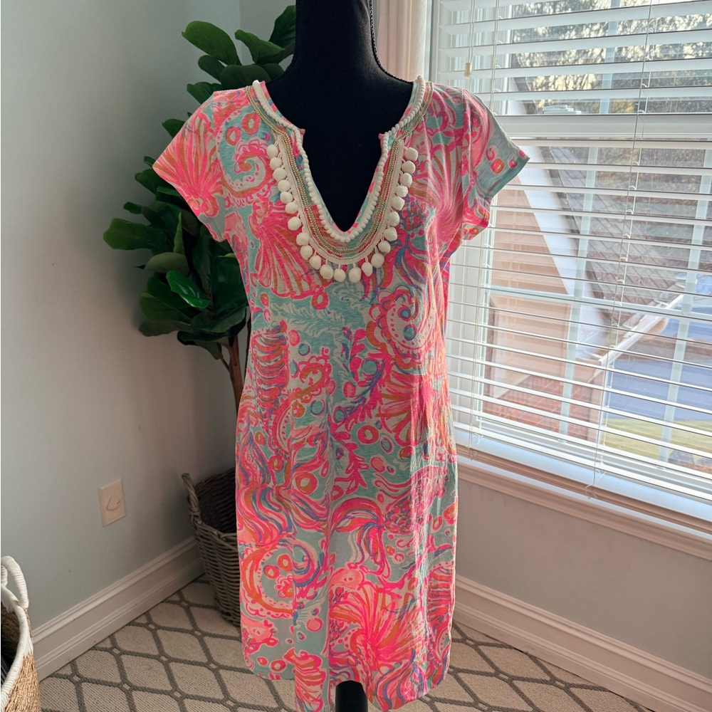 Lilly Pulitzer Pink & Aqua Paisley Pom-Trim Swim Coverup